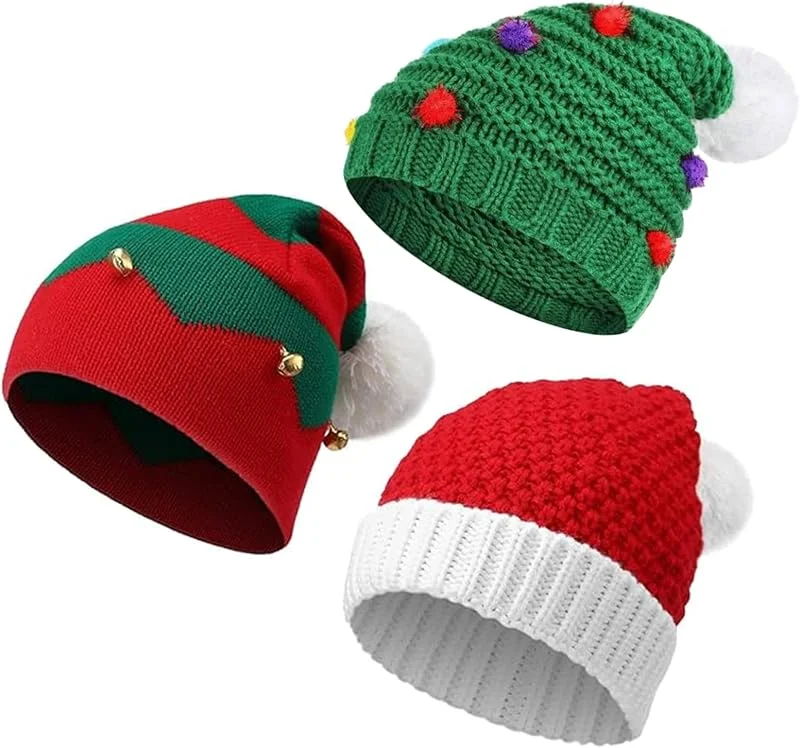 Forreen Gorro Navideño Adulto, 3 Piezas Gorro de Papa Noel Unisex Espeso Acogedor Gorro de Navidad Invierno Caliente Navidad Sombrero con Pompón para Fiestas de Navida — Ropa Navidad