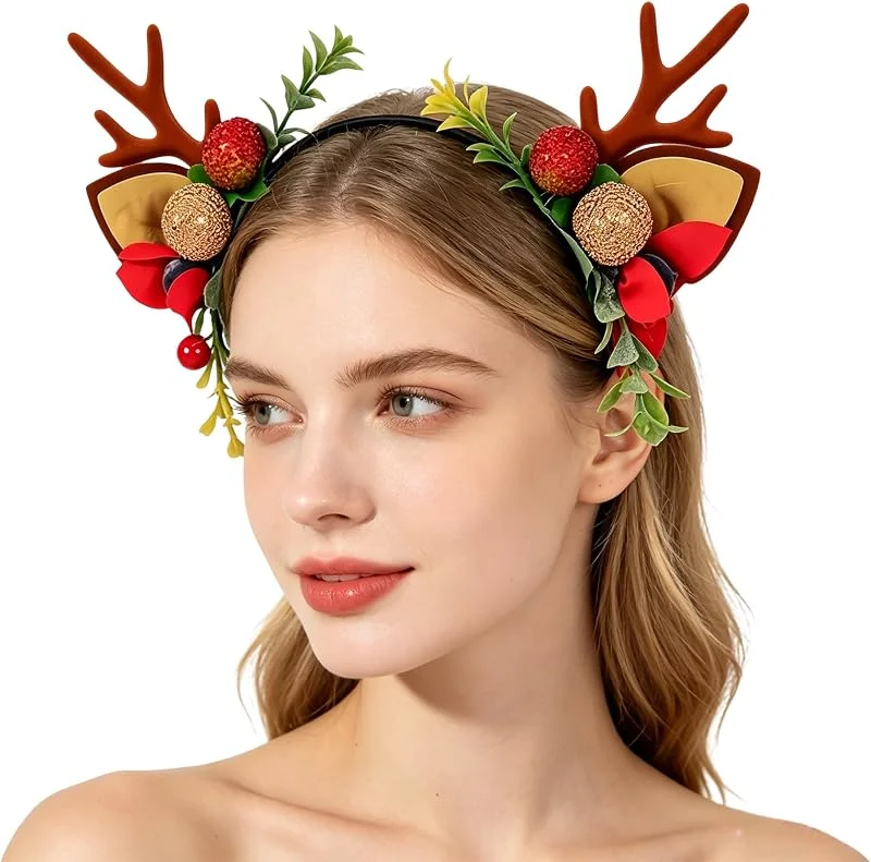 ericotry Diademas de cuernos de reno de Navidad, lindas bayas, aro para el pelo, diademas de orejas de ciervo para fiestas de Navidad, mujeres y niñas — Ropa Navidad