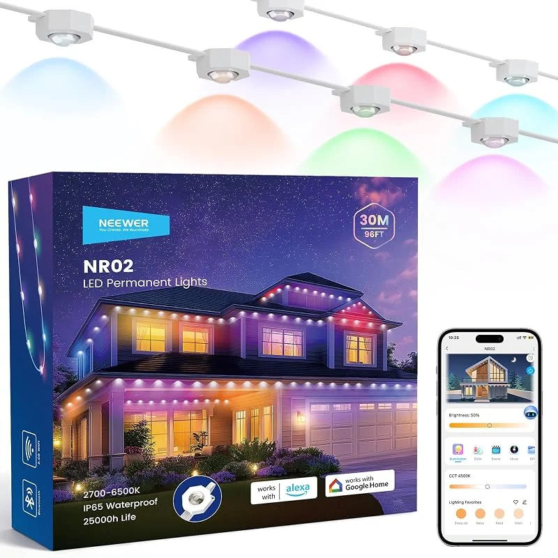 Visita la tienda de NEEWER NEEWER Guirnalda Exterior Permanente 96ft RGB IC Blanco Frío Cálido Control App, 60 Luces LED IP65 Impermeable 50+ Escenas Decoración Navidad Compatible Alexa ，NR02 — Luces Navidad