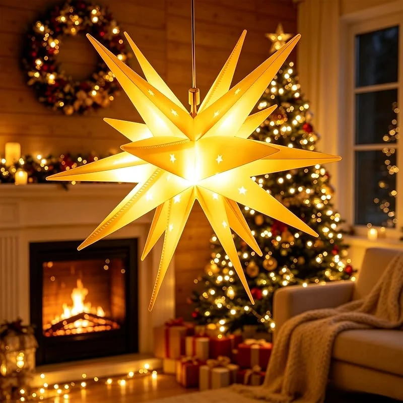 KATELUO Estrella Luminosa 3D 45cm Estrella LED Navidad con Temporizador, Plegable Estrellas Navidad 3D Luz Led, Estrellas con Luz para Colgar para Dormitorios, Balcones, Jardines, Ventanas — Decoracion Navidad