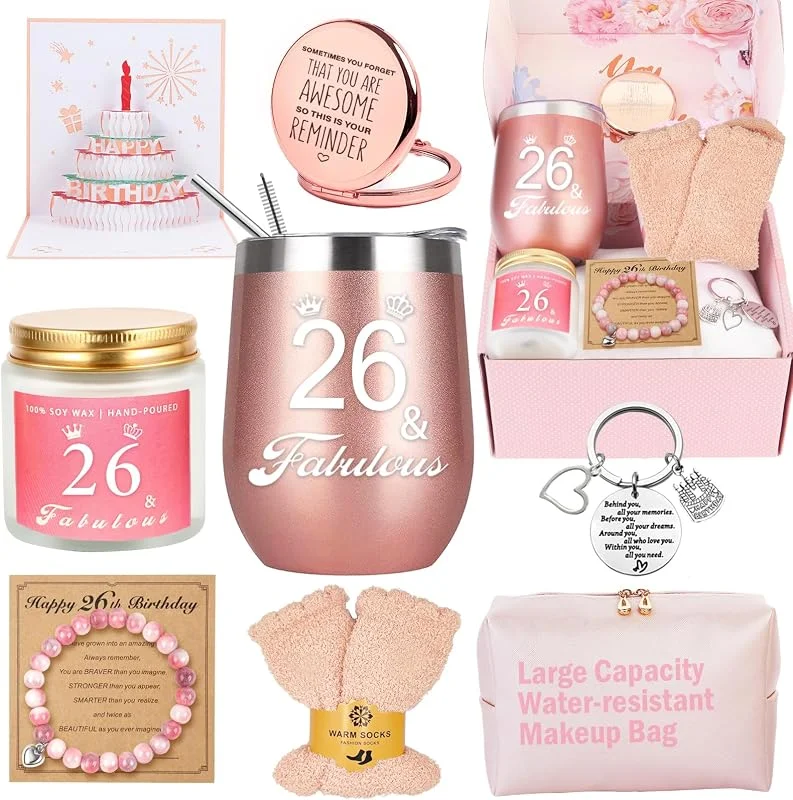 Awfrky Regalos de cumpleaños número 26 para mujer, decoración de cumpleaños de 26 años, regalos para mejores amigas, esposa, tía, hija, hermana, compañera de trabajo, mejor amiga, mujer única — Vino y mesa festiva