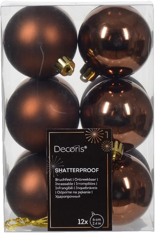 Kaemingk Bolas de Navidad de plástico Kaemingk 6 cm x 12 piezas, set de bolas de árbol de Navidad, irrompibles, color café con leche, marrón chocolate, café castaño, marrón cobre, canela — Decoracion Navidad