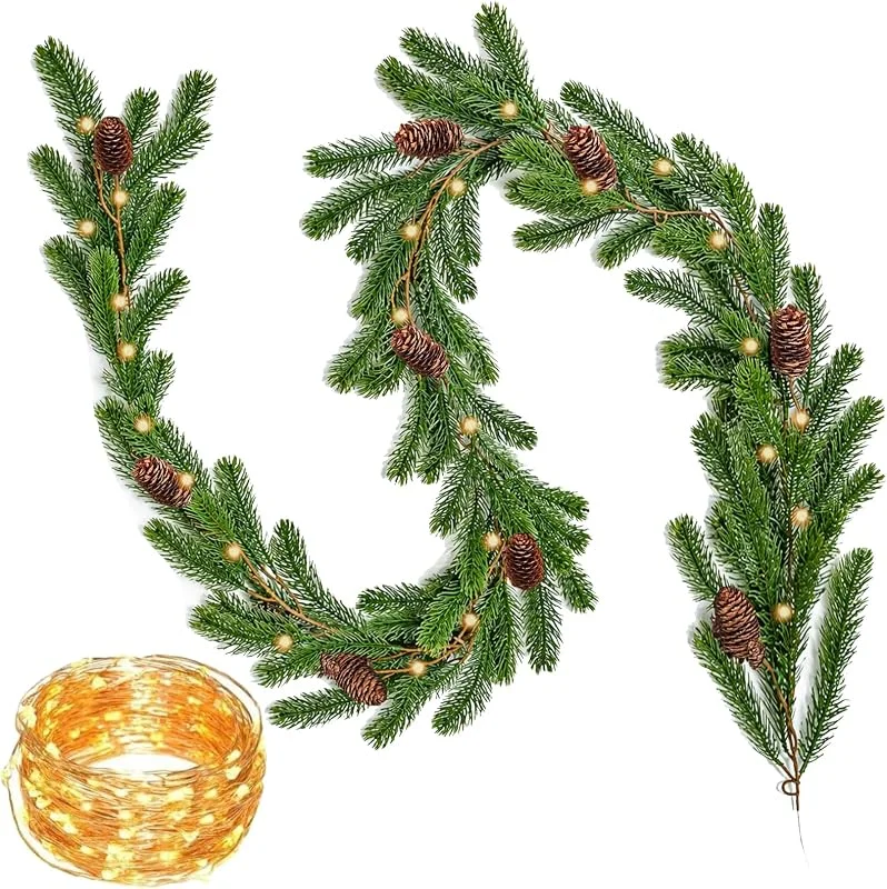 panemy Guirnalda de Navidad con Luces 200 cm, Guirnalda de Abeto Artificial Verde — Decoracion Navidad