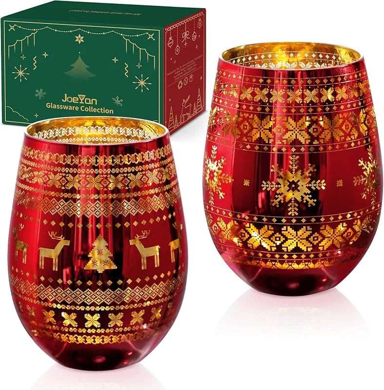 Visita la tienda de Joeyan Joeyan 540ml Rojo Copas de Vino sin Tallo de Navidad, Juego de 2 Vajilla — Vino y mesa festiva
