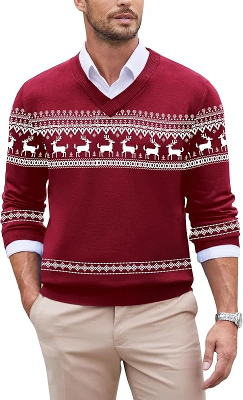 Visita la tienda de COOFANDY COOFANDY Jersey Navideño para Hombre de Cuello en V Suéter de Punto Fino de Manga Larga Pulóver de Navidad para Fiestas de Invierno — Ropa Navidad