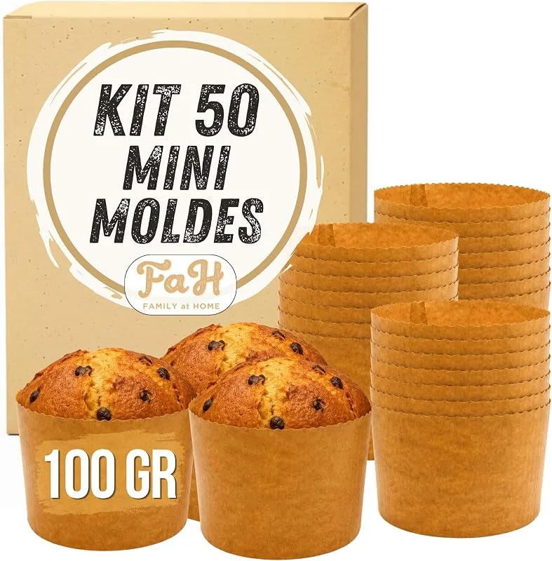 FAH FAMILY AT HOME Molde Mini Panettone Alto (100g - 50 unidades), moldes Panettone Profesional de Papel Natural de Pura Celulosa de Alta Densidad, Formas de Cocción para Panettoni, Resistente al Calor 200°C — Hogar y cocina