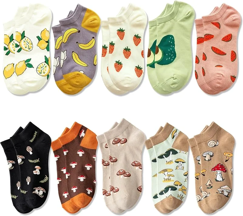 Pushiibee 10 Pares Calcetines Divertidos, Multicolor Calcetines Coloridos, Algodón Suave Calcetines para Mujer 36-42 con Motivos de Frutas y Setas para Uso Diario y Verano — Decoracion Navidad