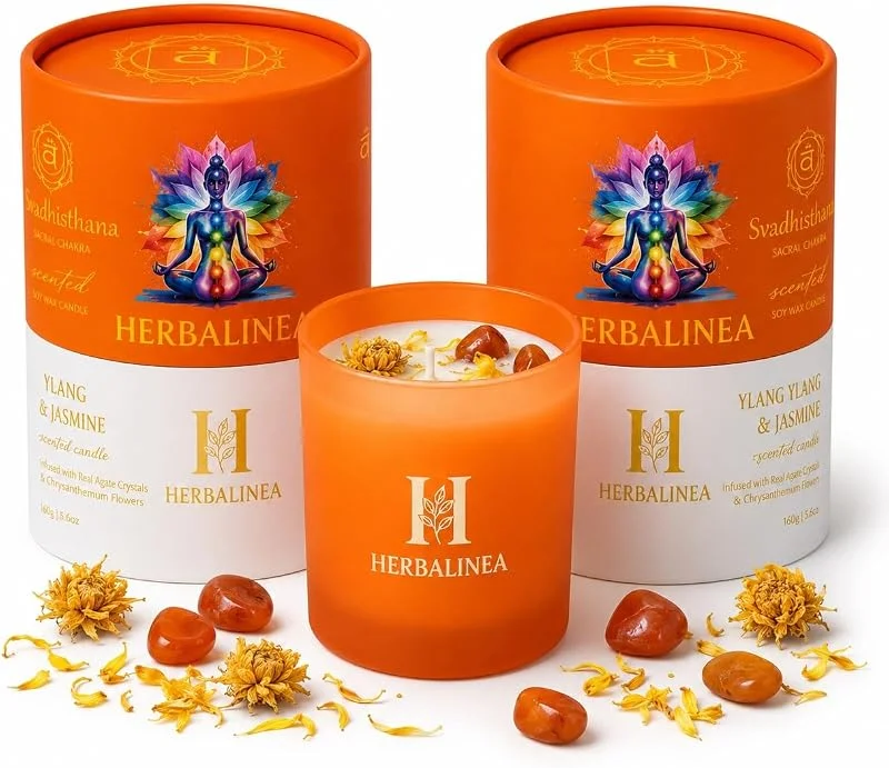 Visita la tienda de HERBALINEA Vela Chakra de Soja 100% con Piedras Naturales y Flores Secas, Vela Aromática para Meditación, Yoga, Relajación y Decoración, Regalo Original, 160 g (Naranja - Chakra Sacro) — Cena a la luz de velas