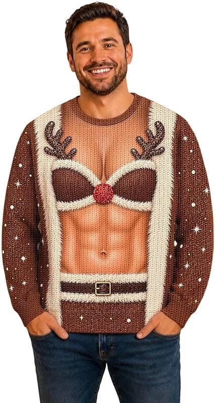 Genérico Jersey de Navidad para Hombre Divertido Camiseta de Navidad Manga Larga suéter Navidad Tallas Grandes Navidad Divertido Verde Sudadera FEA Camiseta de Manga Larga Camiseta — Ropa Navidad