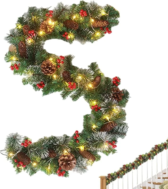 Whyzsjnclg Guirnalda navideña con 50 Luces LED, Guirnalda de piña de Abeto Artificial de 2, 7 m, para decoración de chimeneas y escaleras, sin batería — Decoracion Navidad