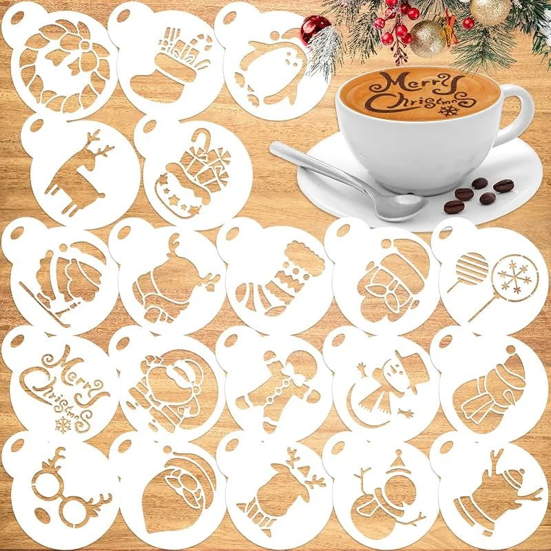 Qpout 20 piezas Molde para hornear galletas de Navidad, molde para decoración de café con fondant, Papá Noel Calcetín Navideño Campana Muñeco De Nieve Plantillas De Pintura Pequeñas De Plástico — Hogar y cocina