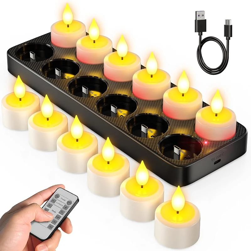 Visita la tienda de SoulBay SoulBay Velas de Té Recargables, 12 Piezas de Velas LED Sin Llama con Batería, Control Remoto y Temporizador, Luces de Vela con Estación de Carga para Decoración de Hogar, Habitación, Mesa, Halloween — Cena a la luz de velas