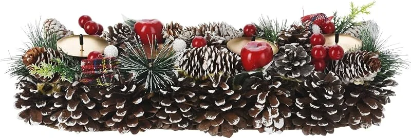 Bambelaa! Corona de Adviento artificial, alargada, madera, metal y oro, con 4 portavelas, decoración navideña, efecto nieve, corona decorativa para Adviento, corona de Navidad, mesa, decoración de — Adviento y mesa