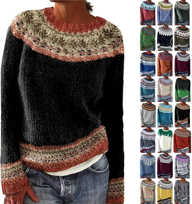 Generic HUIFUAO - Suéter de manga larga para mujer, talla grande, noruego, nórdico, islandés, para invierno, grueso, cálido, de Navidad, tejido vintage, suave, de Navidad, suéter de manga larga — Ropa Navidad