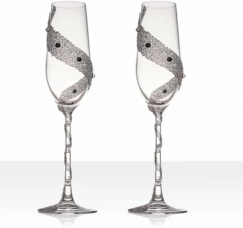Puremagics Juego de 2 copas de champán con diamantes de imitación, elegante cristal con diamantes artificiales, capacidad de 150 ml, perfectas para bodas, aniversarios, Navidad, 5 onzas — Vino y mesa festiva