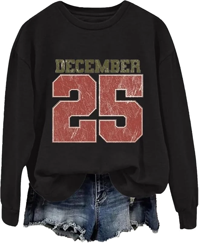 tacniseyw Suéter de Navidad para mujer, sudadera de manga larga con cuello redondo, camisetas divertidas, talla grande, estampado de Navidad, 25 de diciembre, sudadera de Navidad para mujer, novedad — Ropa Navidad