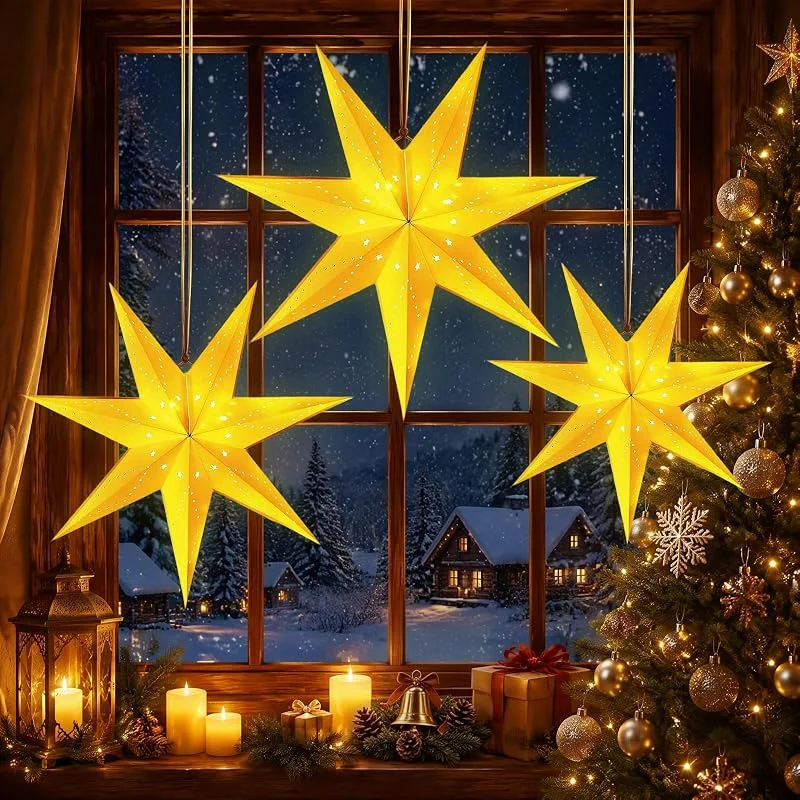 LQTSLFM 3 PCS Papel de Estrella Colgar con Luz, Adorno Navideño Ventana LED — Decoracion Navidad