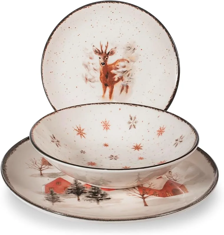H&H Juego de Mesa Navidad 18 Piezas Fairytale Charm en Gres - Platos Planos, Sopas y Postres con Ilustraciones Invernales Elegantes, Ideal para una Mesa Navideña Sofisticada — Adviento y mesa