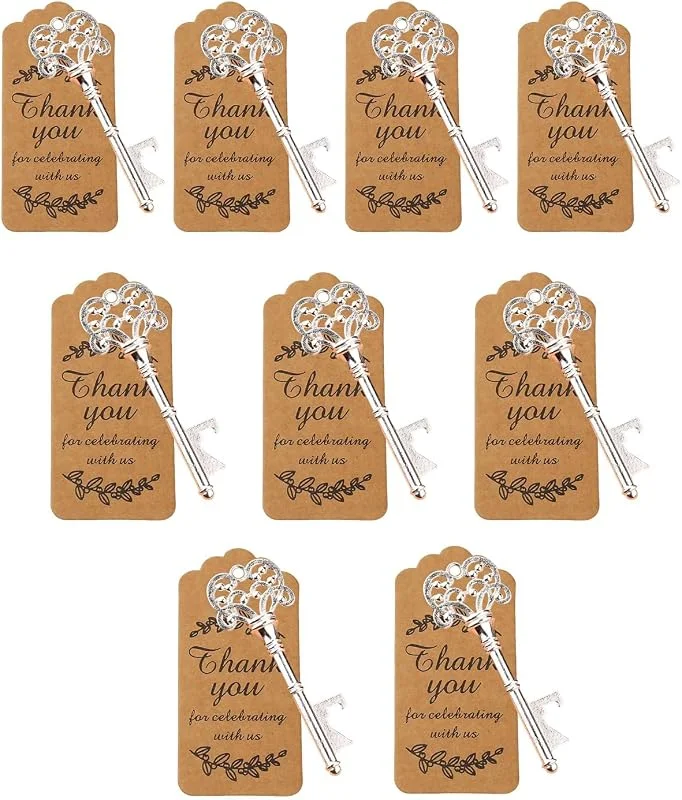 AEIOPRS Abrebotellas Vintage en Forma de Llave, Set 20 Pz: 10 Plateados + 10 Tarjetas Kraft, Estilo Rústico Elegante, Regalo Funcional y Sentimental Ideal para Recuerdos de Boda — Vino y mesa festiva