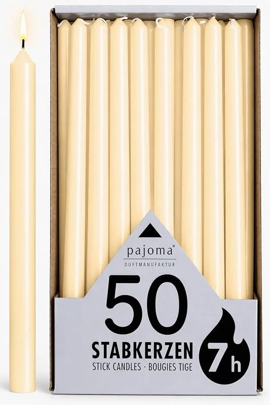 pajoma® Velas de varilla marfil – 50 unidades, Altura 25 cm, diámetro 2 cm, Tiempo de combustión aprox. 7 horas, Versátil como vela de mesa, decoración, Navidad & para eventos gastronómicos — Cena a la luz de velas