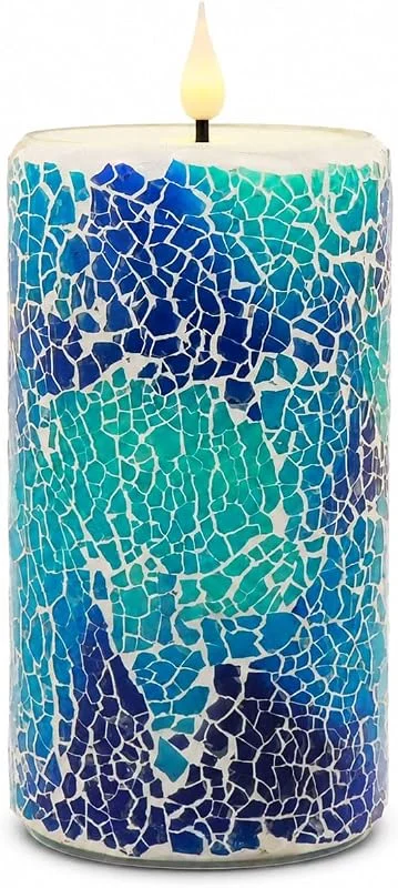 Visita la tienda de Da by Da by 1 pieza de vela LED de mosaico azul cielo claro con patrón de vidrio roto, llama parpadeante realista, cera natural y vidrio, 8, 3x18 cm, control remoto, reutilizable — Cena a la luz de velas