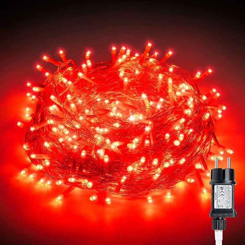 Visita la tienda de HoldOneLight HoldOneLight Guirnalda de luces exterior de 10 m con 100 LEDs, luz roja, cable transparente, iluminación impermeable para interior, exterior, jardín, árbol y Navidad — Luces Navidad