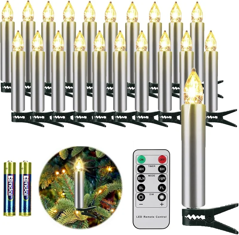 Visita la tienda de FREEPOWER FREEPOWER 20 Velas LED árbol de Navidad Plateado con Mando a Distancia Temporizador Parpadeantes, Blanco Cálido, Velas LED Navidad, Funciona con Pilas, Interior Exterior Impermeable（Incluye 20 pilas） — Luces Navidad