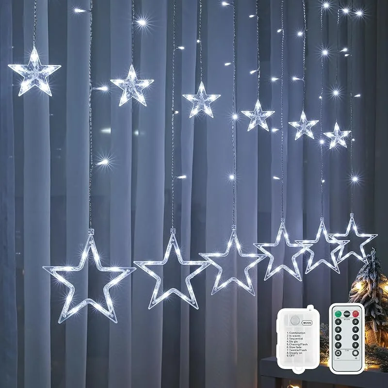 Visita la tienda de BLOOMWIN BLOOMWIN Cortina Luces Navidad Decoración - 2M 138 LEDs Cadena De Luces LED Habitacion Con Estrellas, Guirnalda Luces Navidad Interior Exterior Para Escaparates Ventana Pared Casa, Blanco Frío a pilas — Decoracion Navidad