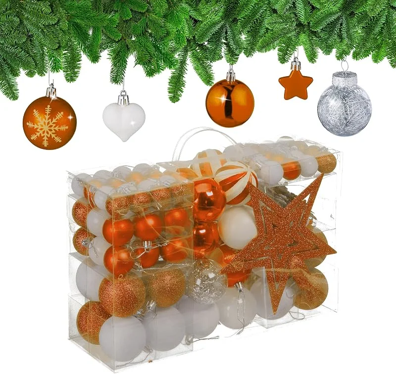 Visita la tienda de Relaxdays Relaxdays Set 101 Bolas Árbol Navidad, Plástico, Adornos Navideños con Bolitas y Estrella, Decoración, Naranja, Blanco — Decoracion Navidad