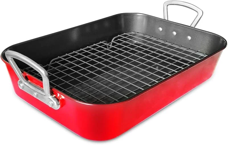 Visita la tienda de OGIBRIDI Bandeja De Acero Al Carbono Sartén Rectangular Con Mango Rejilla De Enfriamiento Tema Navidad Para Asar Pavo Pollo Bife Carne Verduras Pasta Etc Roja 44.5cm — Hogar y cocina