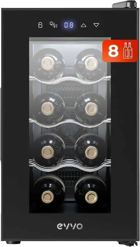 Visita la tienda de EVVO EVVO Vinoteca VT8 - Enfriador de Botellas de Vino, Nevera Pequeña para 8 Botellas, Enfriador de Vino Silencioso, Control Táctil, Luz LED, Botellero Vertical, Temperatura Ajustable 8-18ºC — Vino y mesa festiva