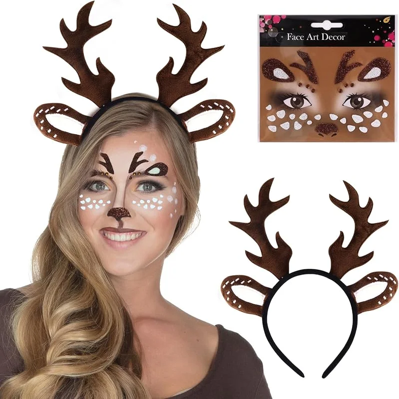 Trukafie Diadema Navidad, Diadema Reno Navidad Diadema de Cuerno Cuernos Ciervo Orejas + Cara Ciervo Tatuaje para Carnaval, Navidad, Mascarada Cosplay (A, Talla normal) — Ropa Navidad