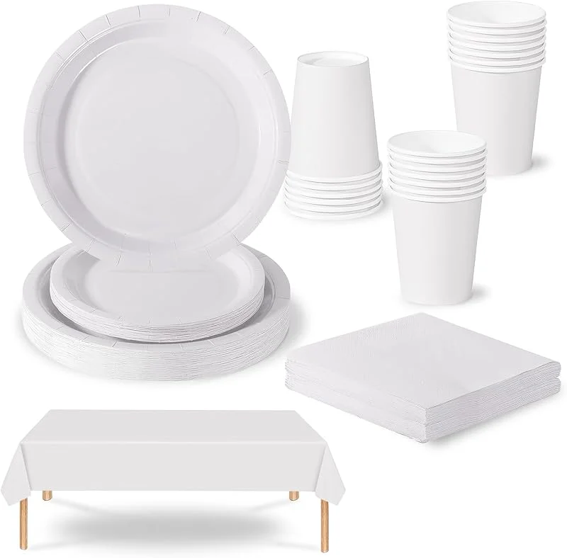 COSORO 69 piezas Blanco Platos Desechable Juego de Vajilla Desechable Decoración Cumpleaños Fiesta, Platos Servilletas Copa de Papel y Mantel, para Bodas, Picnics, Baby Shower, Biodegradable, Compostables — Adviento y mesa
