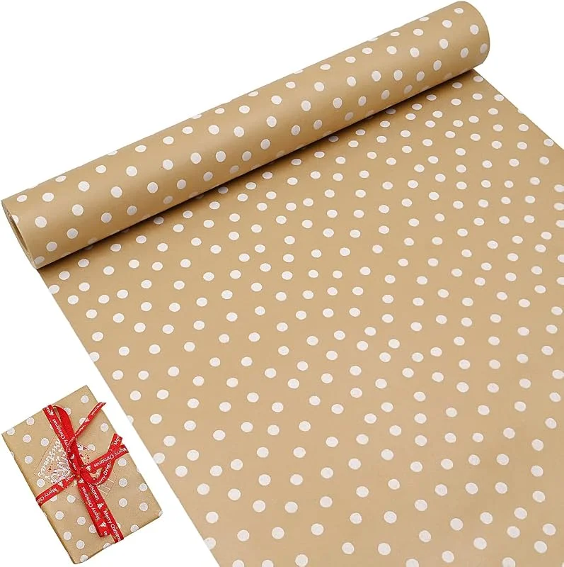OTMVicor Paquete en Rollo Papel de Regalo de Cumpleaños, Papel Kraft de 43 cm x 15 M Impreso con Puntos Blancos Papel de Regalo Reciclable — Envoltorio regalo