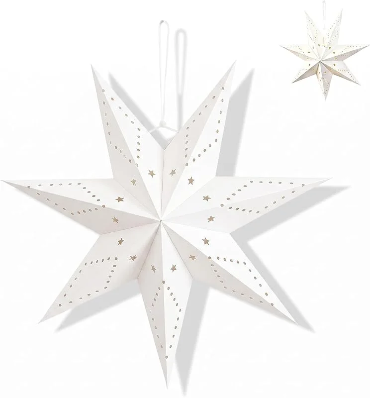KOHVAN 45cm Estrella de Papel Navidad, Pantalla de Lámpara Blanca Hueca para Decoración Navideña Colgante, Adornos para Árbol de Navidad, Fiestas, Bodas y Cumpleaños, Estilo B — Decoracion Navidad