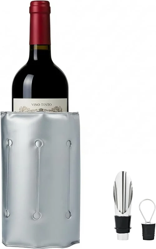 LIXTYC Enfriador de Botellas de Vino Gris con Cierre de Velcro, Incluye Escanciador Antigoteo Acero Inoxidable, Regalos Originales para Hombre, Accesorios para Vino, Ideal Champagne, Cava y Blanco — Vino y mesa festiva