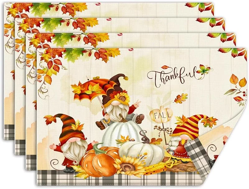 Visita la tienda de comfoyar comfoyar Juego de 4 Manteles Individuales Gnomo DíA de AccióN de Gracias, Salvamanteles Individuales de Manteles Lavables Calabaza OtoñO Lino para Cocina Comedor, Fiestas y Decoración de Mesa 30x45cm — Hogar y cocina