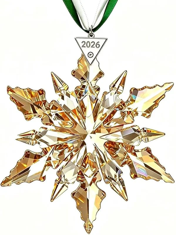 PHIMAS Adornos anuales de Navidad 2026 con forma de estrella de copo de nieve de cristal, adornos para árbol de Navidad, atrapasueños para colgar en el hogar (cristal dorado 2026) — Decoracion Navidad