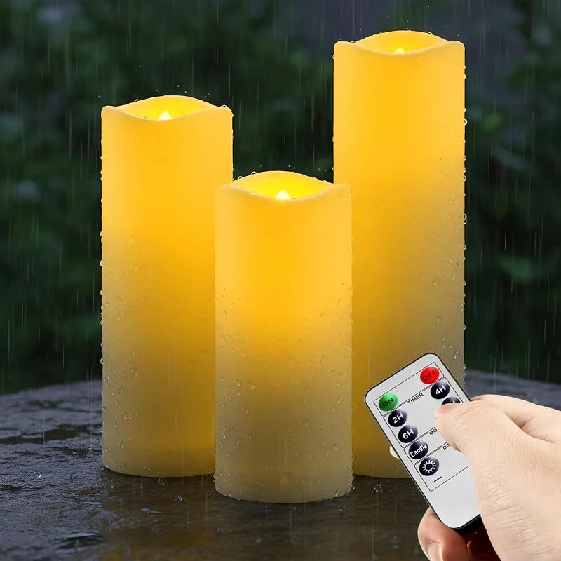 Homemory - Juego de 3 velas sin llama parpadeantes para exteriores impermeables, velas LED realistas con mando a distancia y temporizador, velas a pilas, pilares falsos eléctricos, plástico, color — Cena a la luz de velas