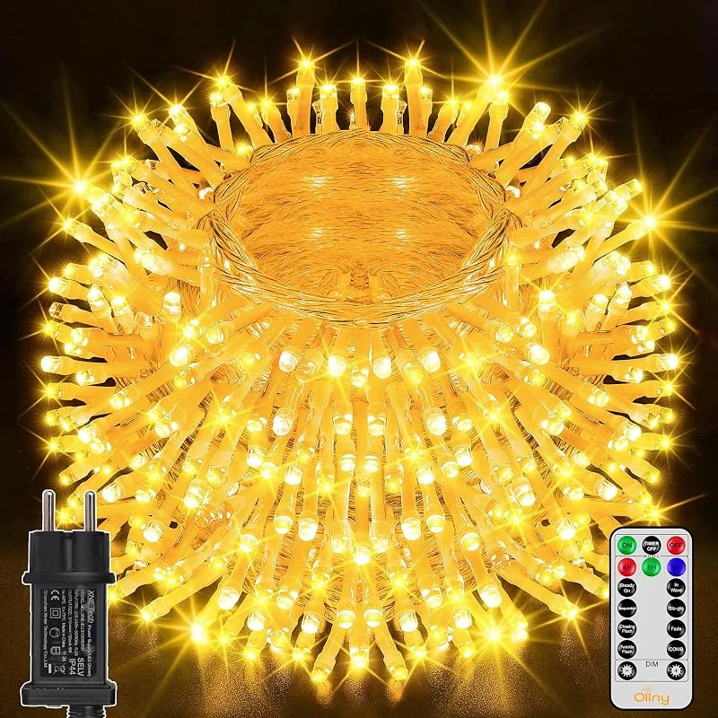 Ollny Cadena de Luces LED 40M 400 LED, Luces Navidad Exterior Blanco Cálido 8 Modos, Con Remoto para Árbol, Fiesta, Terraza