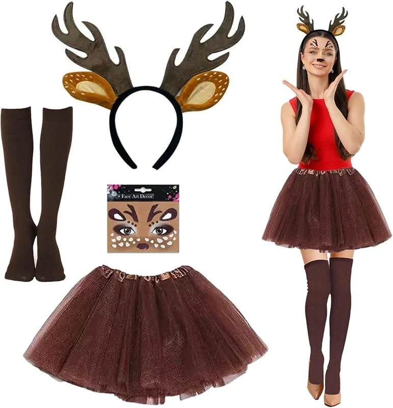 SCBOY 5 Piezas Disfraz Reno para Cosplay Disfraz Reno Mujer con Tatuaje Facial Diadema Cuernos Falda de Tul y Calcetines Marrones para Carnaval Navidad y Fiesta — Ropa Navidad