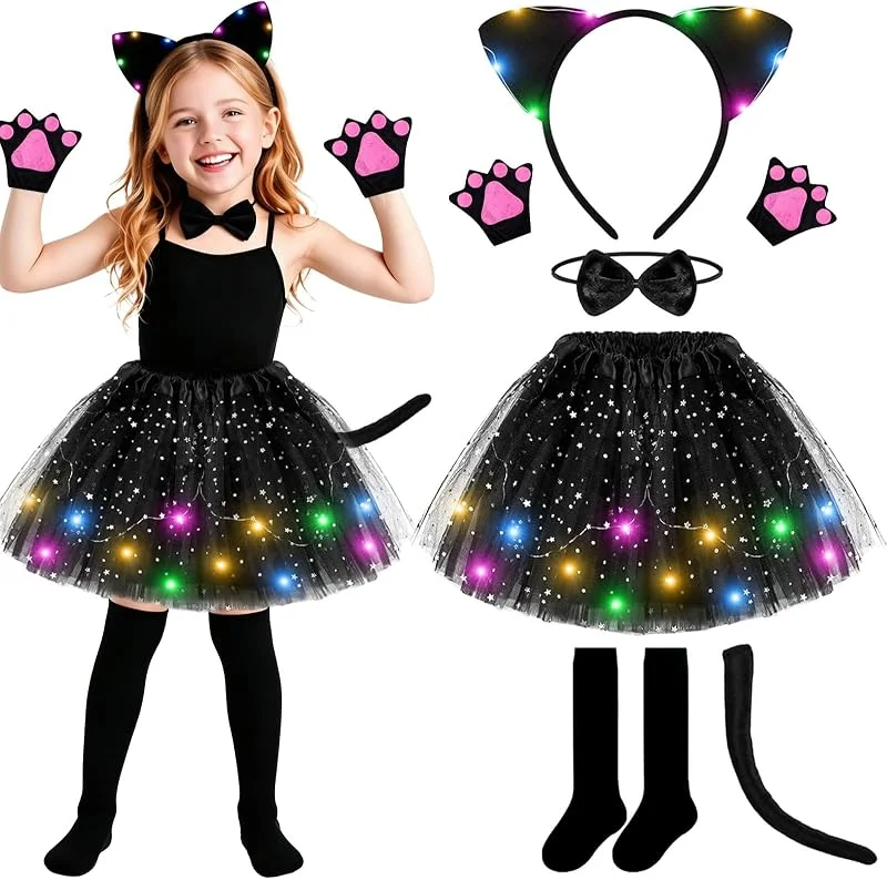 DIELOVEHUA Luminoso Disfraz Animal, Disfraces de Gato Cosplay, con LED Tutu Fald, Diadema Orejas, Cola, Calcetines, Pajarita y Guantes de Garra, para Halloween Carnaval Navidad Cumpleaños Fiesta — Ropa Navidad