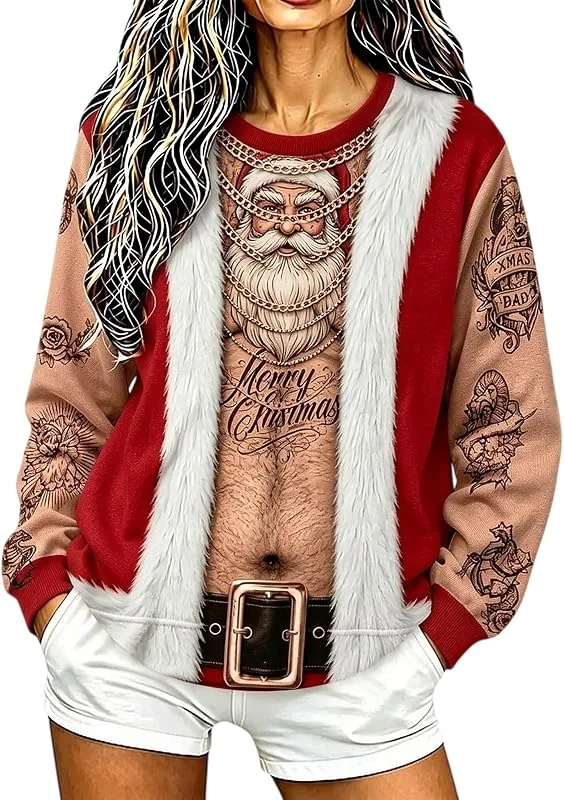 Generic Feo Navidad Sudaderas Mujeres Peludo Pecho Vientre Bikini Impresión Navidad — Ropa Navidad