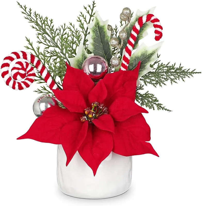 Visita la tienda de Oairse Centros de mesa de Navidad para mesas, arreglos florales de Navidad, flores artificiales de magnolia en jarrón, pequeños arreglos de mesa de Navidad con jarrón de cerámica, centro de mesa de — Decoracion Navidad