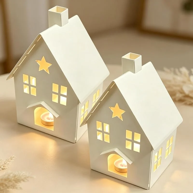 MELORIS Juego de 2 portavelas, casa de luz, decoración navideña, casa de té, portavelas de metal, decoración navideña — Adviento y mesa