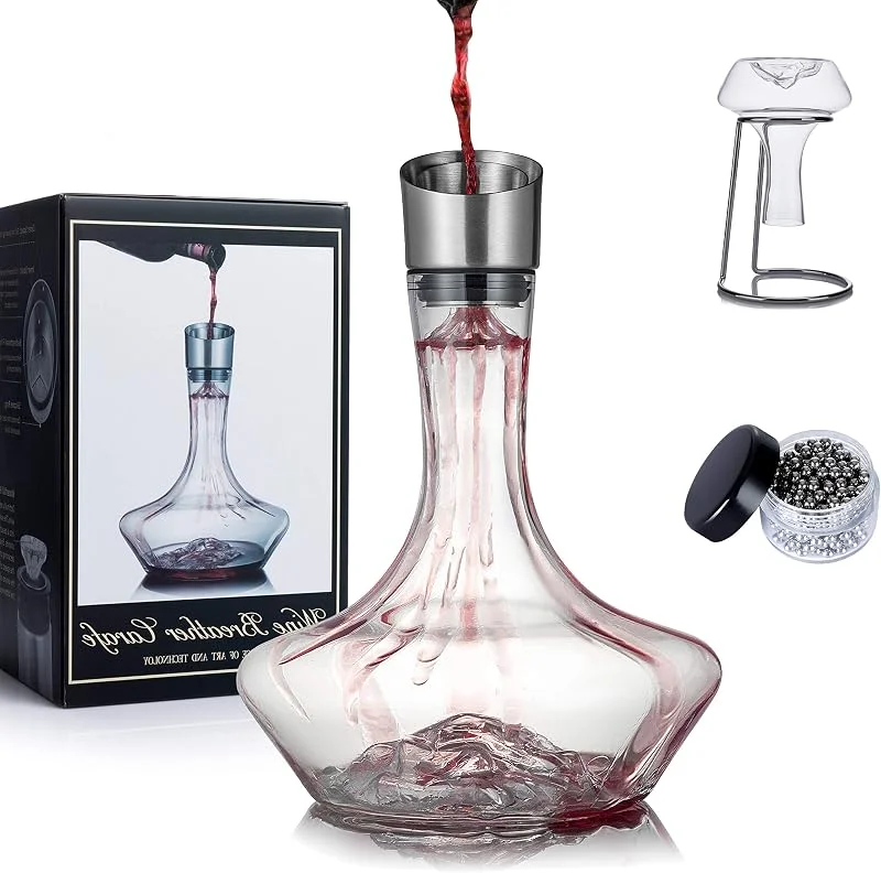 NEW PACIFIC YOUYAH Decantador de Vino con Filtro Aereador, Base de Secado y Bolas Limpiadoras, Jarra de Vino Tinto, Aereador de Vino, accesorios de vino, 100% Cristal Soplado sin Plomo (1400ML) — Vino y mesa festiva