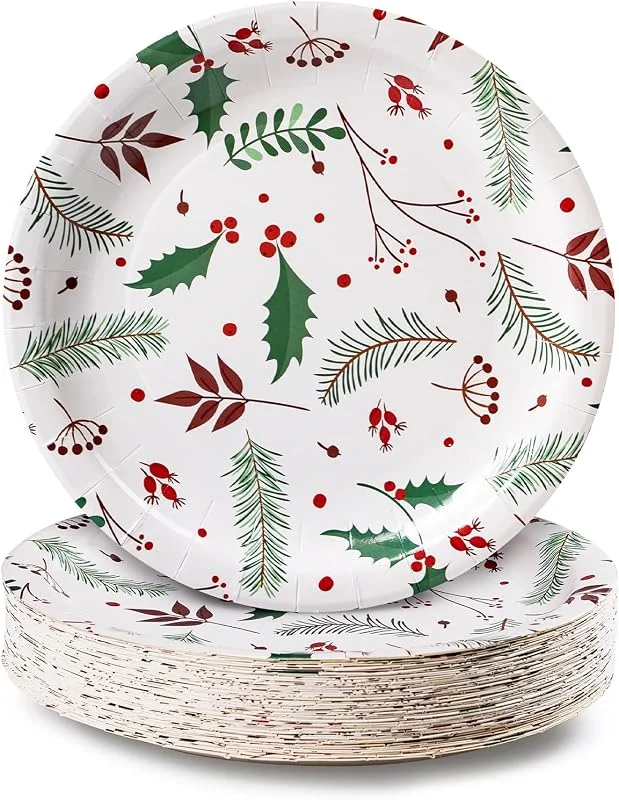 MATICAN Platos de papel para fiestas, paquete de 50 platos de papel desechables, suministros para fiestas de Navidad, diseño de acebo de Navidad, platos llanos de 9 pulgadas — Adviento y mesa
