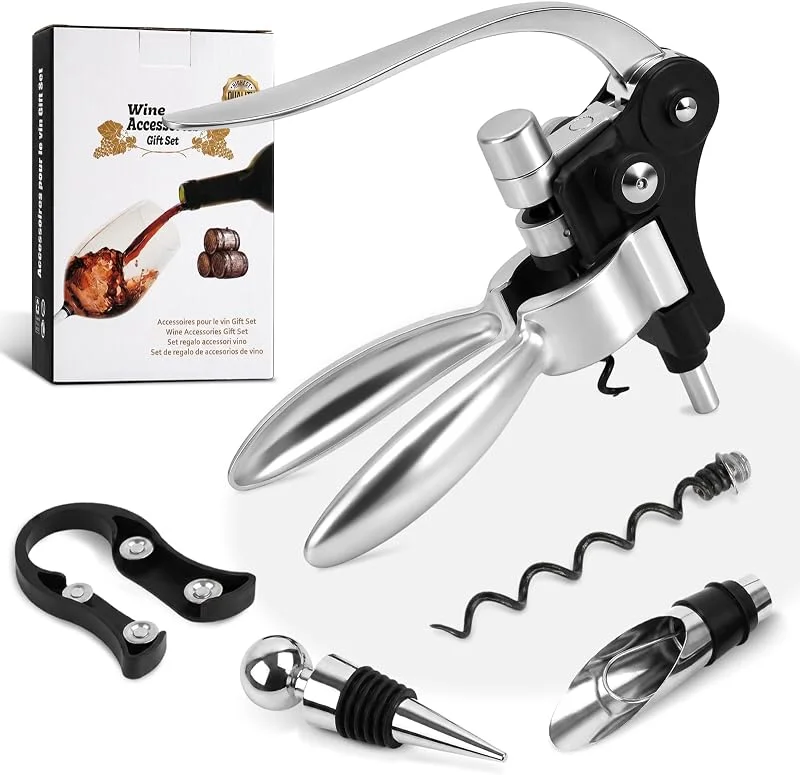 Mapille Abridor de Vino Set 5 Piezas, Sacacorchos Manual con Palanca y Vertedor, Tapón, Cortacápsulas y Espiral de Repuesto, Accesorios para Vino — Vino y mesa festiva