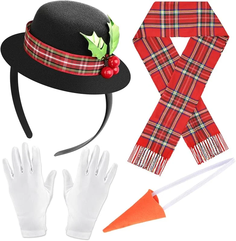 HOWAF Disfraz de muñeco de nieve navideño, sombrero de cilindro, diadema de Navidad, bufanda de Navidad, nariz de zanahoria y guantes blancos — Ropa Navidad