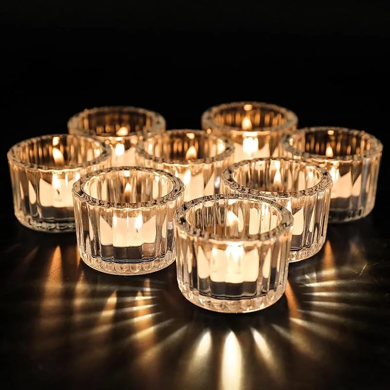 VOSSOT 12pcs Portavelas de Cristal, Portavelas Cristal Votivas para Velas de Té Candelabros Decorativos de Velas Porta Velas Decor del Hogar Bodas Fiestas y Poner la Mesa 5cm x 3.5cm — Cena a la luz de velas
